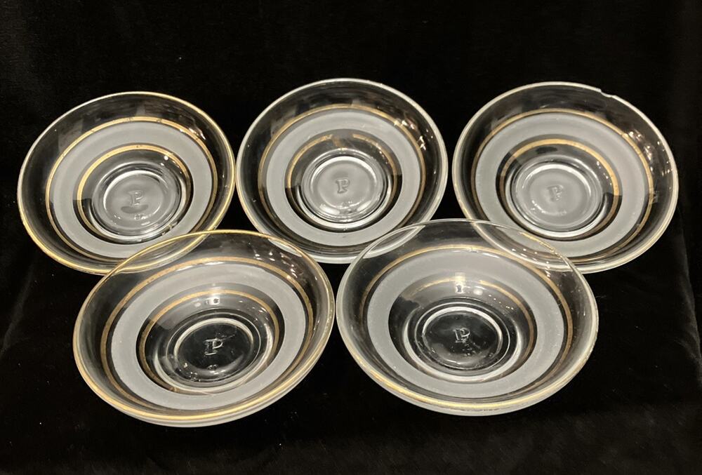Lot of 5 VTG Pasabahce Turkish Gold Rim Glass Bowl Dish Saucers Made in Turkey